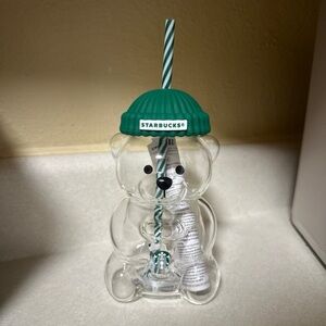 NWT Starbucks Clear Bearista Bear Cup with Teal Straw never used